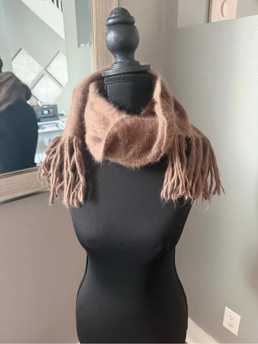 Women’s Rabbit Hair Blend Soft Cozy Brown Neck Scarf Fringe